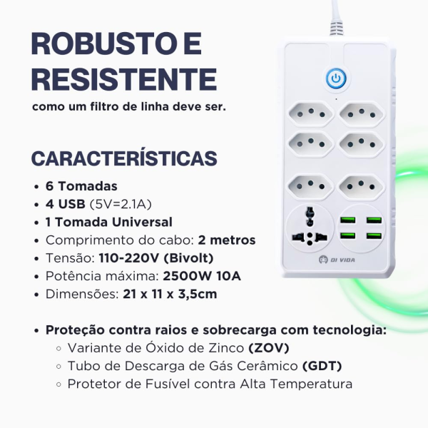 Extensão Filtros de Linha - 6 Tomadas, 4 Usb e 1 Tomada Universal - 2 Metros - Image 12