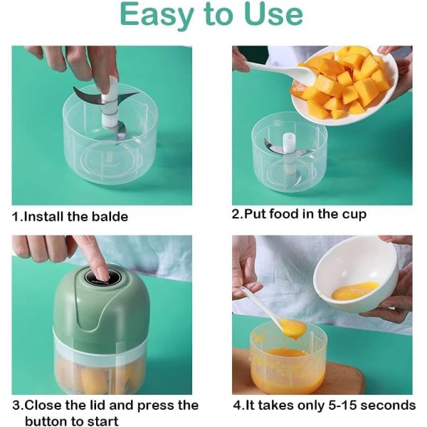 Mini Processador Elétrico de Alimentos Portátil com 3 lâminas de aço inox 250 ml USB Bivolt - Image 4