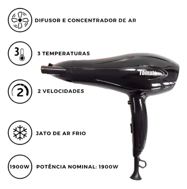 Secador De Cabelo Profissional Potente 1900w 3 Temperaturas Cor Preto - Image 4