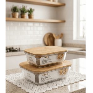Pote de vidro Hermético com tampa de bambu - 2 unidades
