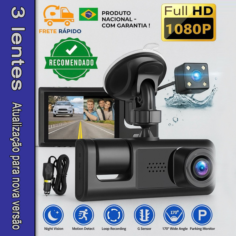 Câmera Veicular 3 Lentes Full HD – Frontal, Interna e Traseira com Visão Noturna + Câmera de Ré