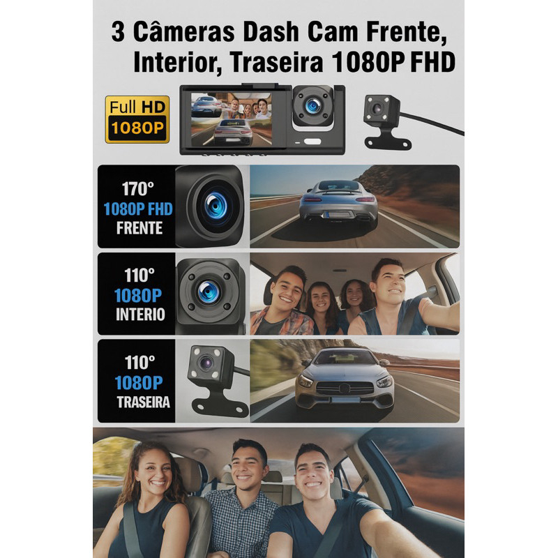 Câmera Veicular 3 Lentes Full HD – Frontal, Interna e Traseira com Visão Noturna + Câmera de Ré - Imagem 5