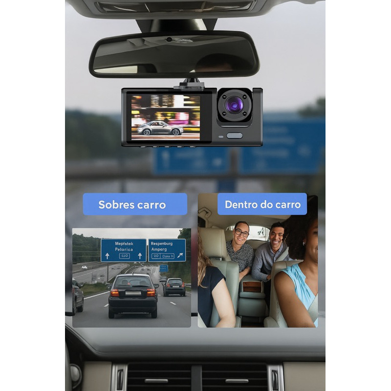 Câmera Veicular 3 Lentes Full HD – Frontal, Interna e Traseira com Visão Noturna + Câmera de Ré - Imagem 2