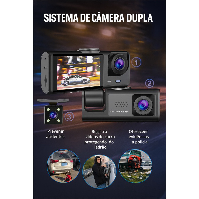 Câmera Veicular 3 Lentes Full HD – Frontal, Interna e Traseira com Visão Noturna + Câmera de Ré - Imagem 6
