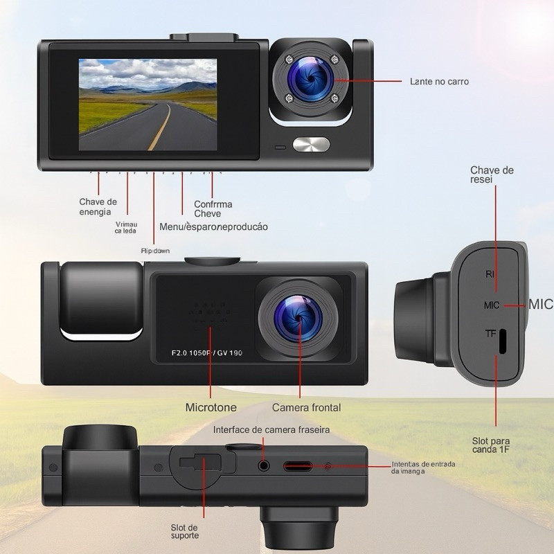Câmera Veicular 3 Lentes Full HD – Frontal, Interna e Traseira com Visão Noturna + Câmera de Ré - Imagem 9